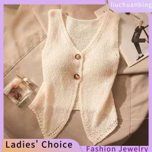 [COD] liuchuanbing Jewellery เสื้อชั้นในสตรีถักคอวีแขนกุดมีกระดุมสีพื้นแฟชั่นฤดูร้อน