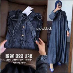 Gamis Jeans Jumbo Ribbon Maxy Wanita Denim Terbaru Baju Muslim Jeans Lebaran