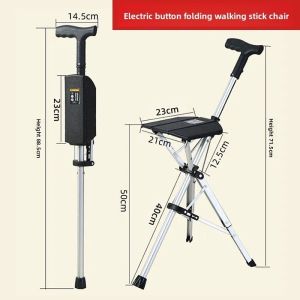 Electric black One-Button Folding Cane Chair 100kg Load Aviation Aluminum 3-Piece Seat Triangular Support Type-C 900mAh