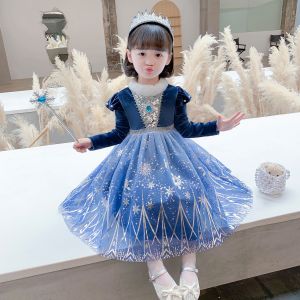 Váy Elsa nhung thu đông cho bé gái Đầm Nữ Hoàng Băng Giá Elsa hóa trang Halloween