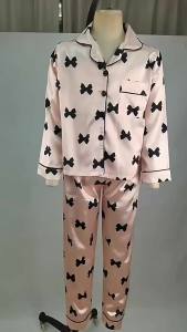 Autumn New Childrens Pajama Set Imitation Silk Bow Printed Two-piece Pajamas Girls Solid Color Casual Long Sleeves Home Clothes2026