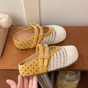[Free Shipping] Summer New Fashion Polka Dot Woven Mesh 2026 Thick-Soled Breathable Slip-On Closed-Toe Sandals For Women