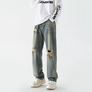 Celana Jeans Sobek Pria Celana Denim Panjang Robek Ripped Cowok Versi Korea Pants K502M