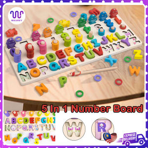 Kids Matching Wooden Blocks (5 In 1) Puzzle Sensory Learning Montessori Permainan Blok Kayu Early Learning Numbers Math Shapes Alphabet Transport Fishing & Counting Budak Pembelajaran Awal