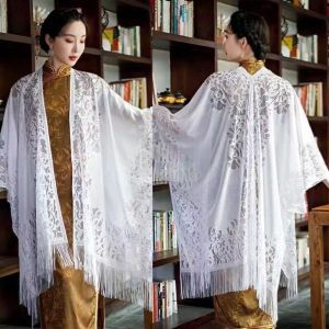 NOCASE Pure Color Lace Cardigan Thin Cotton Linen Long Cloak Lace Shawl Elegant Tassel Drape Wedding Shawl Spring Summer
