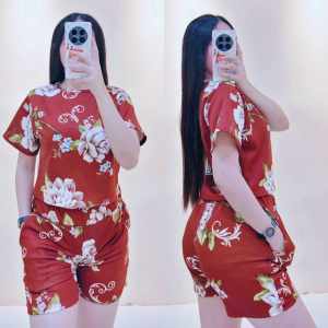 D&C Fashion Casual Womens Neo printed Set Short Sleeve Cropped Top and Shorts with Two Pockets