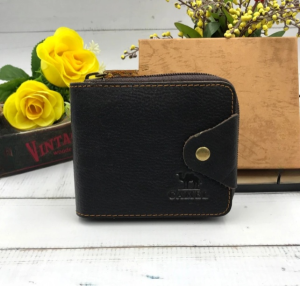 Genuine Leather Wallet Men Button Zip Short Wallet Cow Leather Dompet Kulit Lelaki Purse