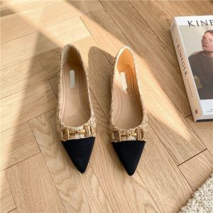 Free Shipping Elegant Pointed-Toe Flats For Women Versatile For Spring And Autumn With A Soft Sole Shallow Design Color-Blocking And A New Metal Buckle