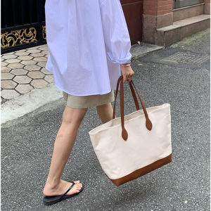 2025 NEW ARRIVAL Korean large capacity leather textured canvas stitched shoulder tote bag beach shopping