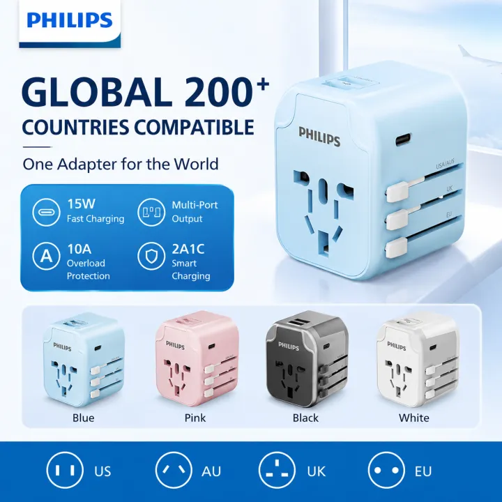 Philips Global Travel Conversion Plug Universal Socket Charger Compatible Japan UK EU Australia US Standard Penyesuai Palam Perjalanan Antarabangsa