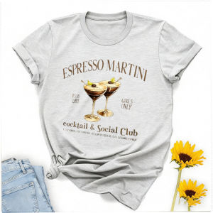 [Local Stock] HBESTY  Women Espresso Martini Cocktail Social Club Print T Shirt Wine Glass Pattern Crew Neck Short Sleeve Cotton Tee Bar Party Tops