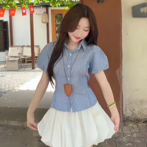 Áo sọc basic nữ áo sơ mi Linen sọc kiểu nữ tay bồng nhún eo kẻ sọc cổ bẻ cách điệu xinh