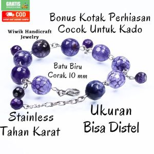 Gelang Tangan Wanita  Stainless Tahan Karat Batu Agate Multi Warna 12 MM Kado Hadiah Terbaru