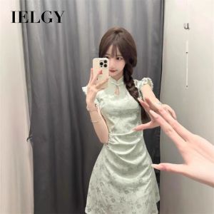 IELGY ชุดกี่เพ้าชุดเดรสแบบจีนสำหรับผู้หญิงชุดกี่เพ้าเอวลอยแขนชุดเดรสสั้นสีเขียว