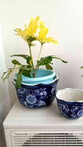 Pot tanaman keramik cina Import set 3 pot/pot keramik biru putih