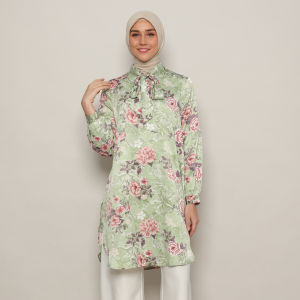 FAME - Tunik Pita Wanita Lengan Panjang Print Light Green - 9211773