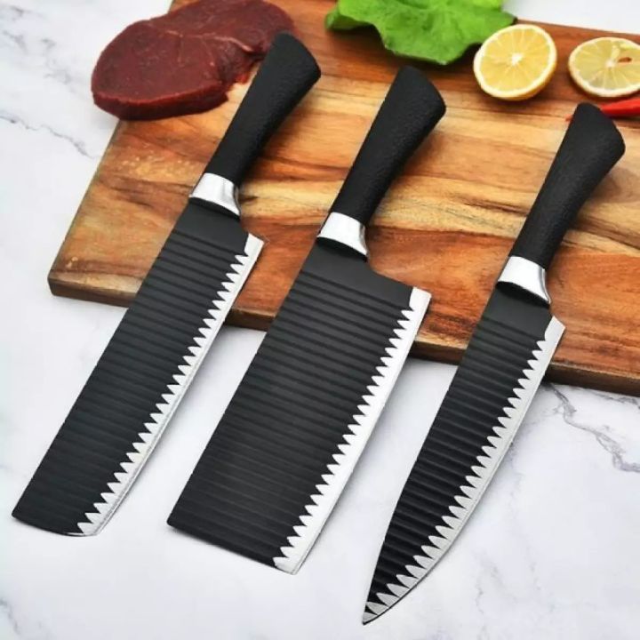 Bộ 3 dao làm bếp chất liệu thép không gỉ, thân dao gợn sóng, lưỡi dao ...