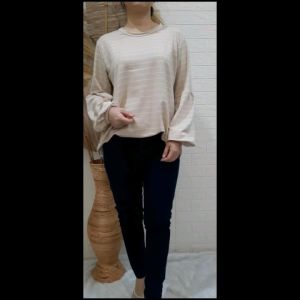 Atasan Kaos Import Wanita LD 110 Big Size Salur Printing Lengan Panjang Karet Puffy Hands/Balon