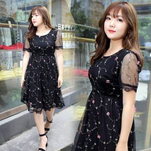 M-7XL Flowers Print Loose Plus Size Dresses O-Neck Cascading Ruffle Lace Party Dress A Line Short Sleeve Clothing Female