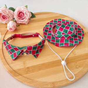 EODKUS Plaid Pattern Christmas Pet Collar Leash Ring Turn Down Lapel Dog Bow Tie Leash Attachable Bandana Adjustable Drawstring Cat Fisherman Hat Holiday Party