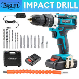 REAIM Impact Drill Cordless Electric Drill brushless Cordless Hammer Drill Power Tools set 32pcs Heavy Duty Screwdriver household rechargeable electric screwdriver hand drill