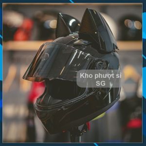 Fullface tai mèo đen bóng AGU tai to Nitrinos - Mũ bảo hiểm fullface đen bóng custom kính đen
