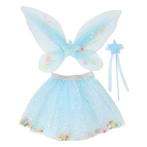 Little Girls Halloween Costume Big Fairy Butterfly Wings 3Pcs Set Todller Princess Tutu Dress and Fairy Stick with Sequins and Stars