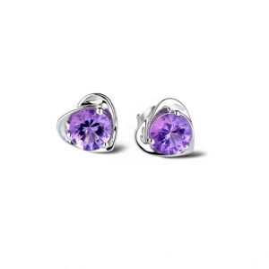 【♡Lovely girls house♡】1 Pair Heart Shape Purple Rhinestone Stud Earrings for Women Cubic Zirconia Korean Style Earrings Fashion Jewellery