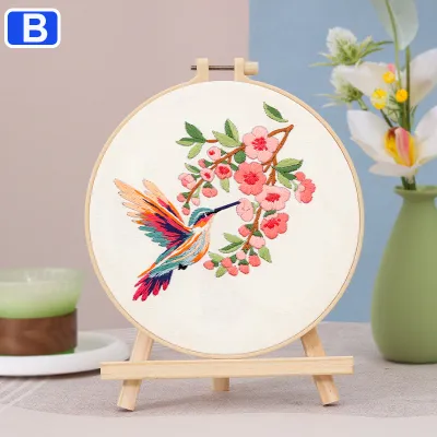 Cute Hummingbird Embroidery DIY Kit for Beginners Adults Complete Handmade Stitch Craft Set with 20cm Bamboo Style Embroidery Hoop Including Pattern Thread Fabric Needle Tool