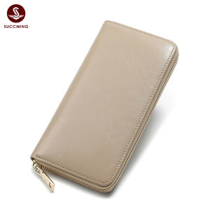 SUCCMING Oil-wax textured cowhide womens long zipper wallet genuine leather large-capacity clutch light luxury simple commuter style with multiple compartments for coins and cards multi-layer storage womens handbag