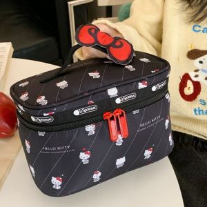 KINTHAZER Hoạt hình Túi trang điểm ni lông cầm tay Túi ví cầm tay Nơ Túi đựng đồ chăm sóc da Túi đựng đồ vệ sinh cá nhân Sức chứa lớn Túi đựng mỹ phẩm mèo Kitty Du lịch