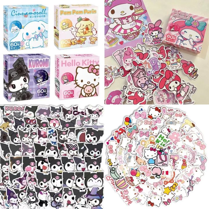 60 Pcs/Box Kawaii Stickers Kuromi My Melody Cinnamoroll Kitty Sanrio ...