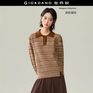 GIORDANO Women Sweaters Gradient Striped Sweaters Half Placket Collar Fashionable Casual Relaxed Sweaters 18356220