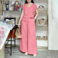 ZANZEA Women Two-piece Outfits Raglan Sleeve V-Neck Button Up Shirt Wide Leg Long Trousers Solid Elegant Sets #0407. 