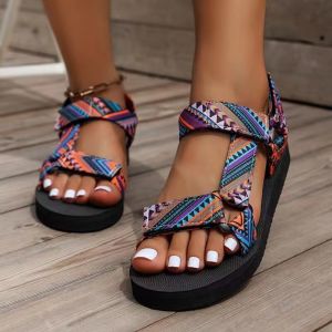 [Free Shipping] Plus Size Thick-Soled Flat Sandals for Women New Color-Block Velcro Ethnic Style Beach Shoes
