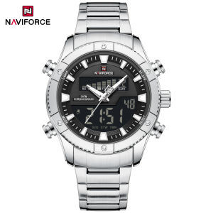 Naviforce nam chính hãng thời trang đồng hồ thời gian kép LCD màn hình hiển thị kỹ thuật số thạch anh kim dạ quang lịch thép không gỉ có ngày tháng dây đeo không thấm nước 30m kinh doanh thường ngày đa chức năng quà tặng đồng hồ nam nf9259