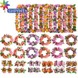 SHPYHT สร้อยคอพวงมาลัยฮาวายลายดอกไม้4ชิ้น เซ็ตสำหรับงานปาร์ตี้ชุดแฟนซีตกแต่งแบบทำมือ