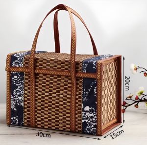 Folding Bamboo Woven Fruit Basket Handheld Picnic Food Storage Basket for Outdoor