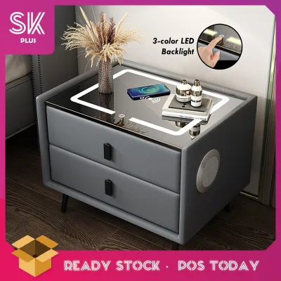 SKPLUS Smart Bedside Table Wireless Charging Bluetooth Speaker Bedroom LED Light Small Storage Cabinet - Fulfilled by SKPLUS
