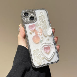 3D เคสศัพท์รูปหัวใจประดับมุกและขอบเพชรเคลือบไฟฟ้าสำหรับ iPhone 13 14 15 16 Pro Max เคสป้องกันการตกสำหรับ iPhone 16 Pro Max