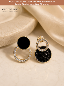 [SG] Black & Gold Mismatched Circle Stud Earrings | Crystal Geometric Earrings | Modern Minimalist Fashion Jewellery | ear me out (EMO-32)