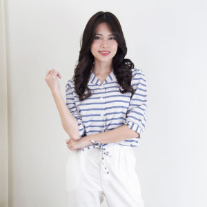 QUEENTIN Kemeja Wanita Serut 0185 Katun Yarndyed Motif Salur Lengan Pendek