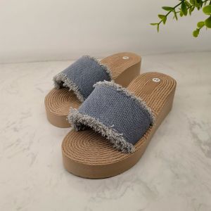 【Free Shipping】Comfortable Wedge Sandals for Women Summer Fashionable Denim Slip-Ons Cross-Strap Thick-Soled Beach Sandals