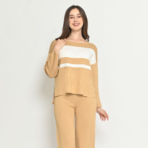 QUEENTIN One-Set 606 Setelan Wanita Rajut Knit Polos Bergaris Stretch Premium Lengan Panjang