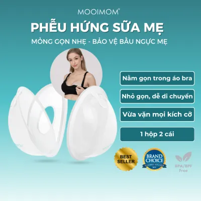 CHÍNH HÃNG MOOIMOM Phễu Hứng Sữa Silicone Có Nút Đậy An Toàn Và Tiện Lợi Hộp 2 Chiếc Cao Cấp Cho Mẹ Bỉm A00827