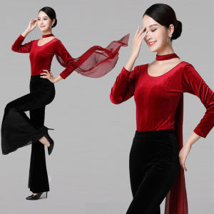 Classic Round Neck Gold Velvet Body Shape Training Suit Slim Fitting Etiquette Elegant Modern Walking Show Training Dance Set