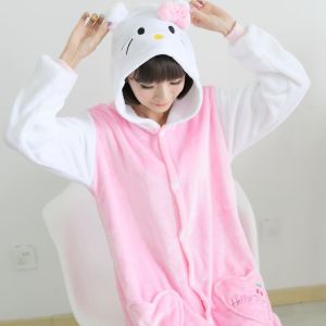 Adult Women Kitty Cat Cartoon Sleepwear Flannel Onesie Pajama Cosplay Overall Jumpsuit