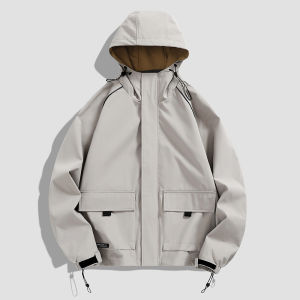 Black hooded jacket with brown lining drawstring cuffs and pockets