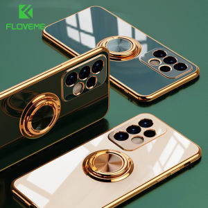FLOVEME Luxury Plating Frame Soft Silicone Phone Case For Samsung S24 S23 S22 S21 Ultra S23+ S22+ S21+ Plus With Ring Holder Bracket Stand TPU+PC Anti-fall Shockproof Back Cover For Samsung S24 S23 S22 S21