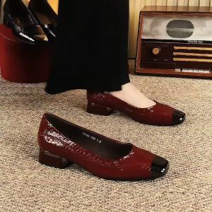 Free Shipping Retro Snake-Patterned Square-Toe Flats For Women New Spring/Autumn Collection Chunky Heel Shallow Opening Metal Anti-Kick Design Versatile Work Shoes